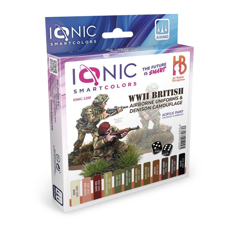 The Ionic Smart Colors WWII British Camouflage & Airborne Denison Set includes 12 acrylic paints specially chosen for painting this iconic historical uniform. WWII British Camouflage & Airborne Denison paint sets