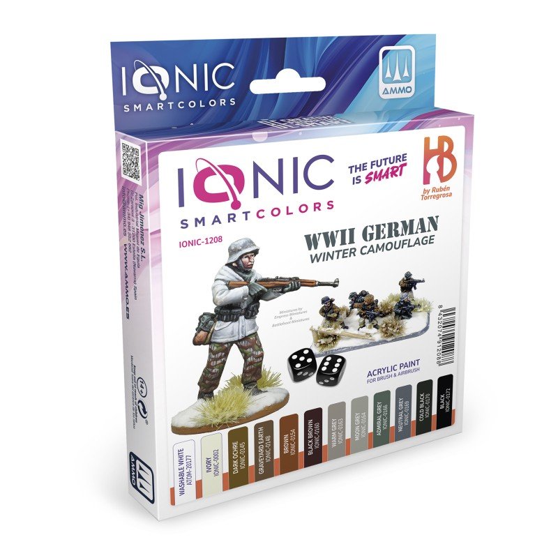 The Ionic WWII German Winter Camouflage Set includes 12 acrylic paints specially chosen for painting this iconic historical uniform. WWII German Winter camouflage paint sets