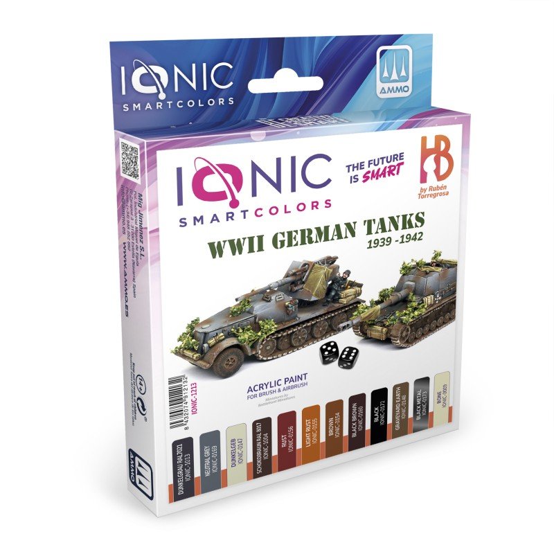 El set IONIC Smart Colors de tanques alemanes de la Segunda Guerra Mundial de 1939–1942 incluye 12 pinturas acrílicas seleccionadas para proporcionar los tonos esenciales para pintar tanques alemanes con precisión durante la primera mitad de la Segunda Guerra Mundial. Sets de pintura de tanques alemanes de la Segunda Guerra Mundial, 1939-1942