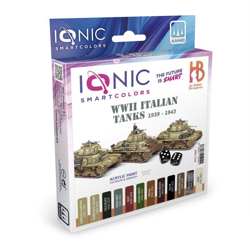 The IONIC Smart Colors WWII Italian Tanks set includes 12 carefully selected acrylic paints designed to capture the characteristic camouflage of Italian vehicles colors used up until the early years of the Second World War WWII Italian Army Tanks 1939-1943 paint sets